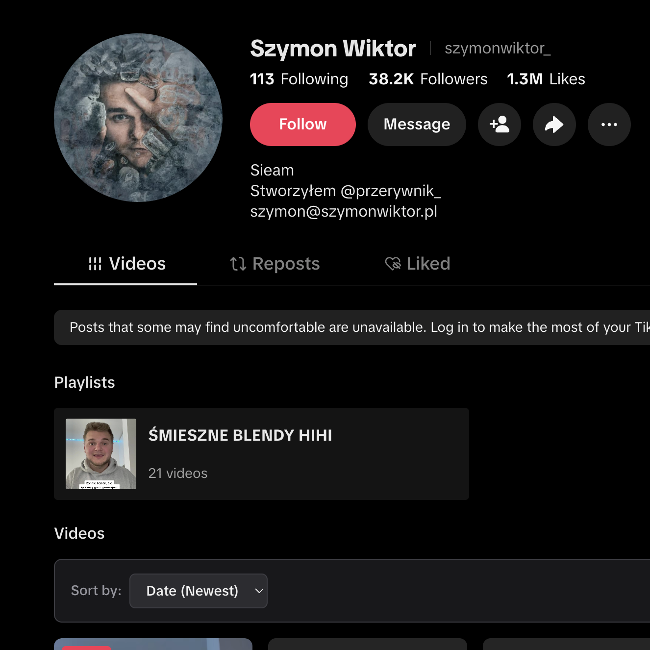 Profil Szymona na TikToku